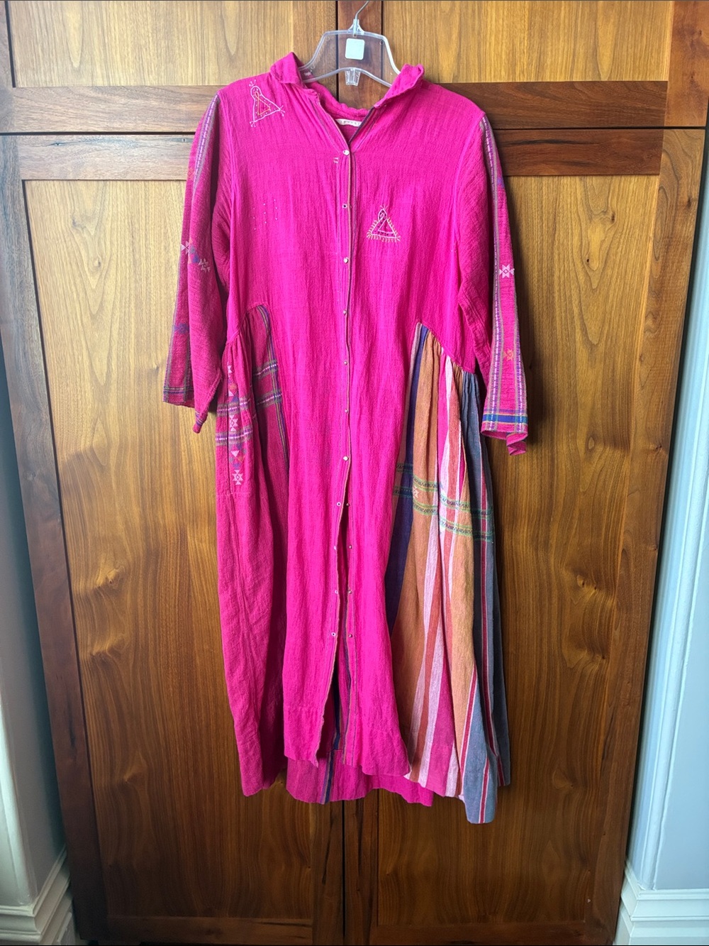 Vibrant Fuchsia Button-Front Maxi Dress with Striped Panel